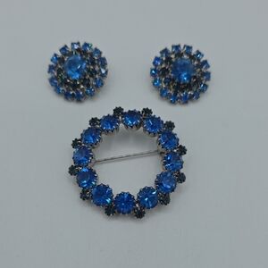 Charming Mid-Century 1950s Vintage Diamante Circle Blue Crystal Jewelry Set